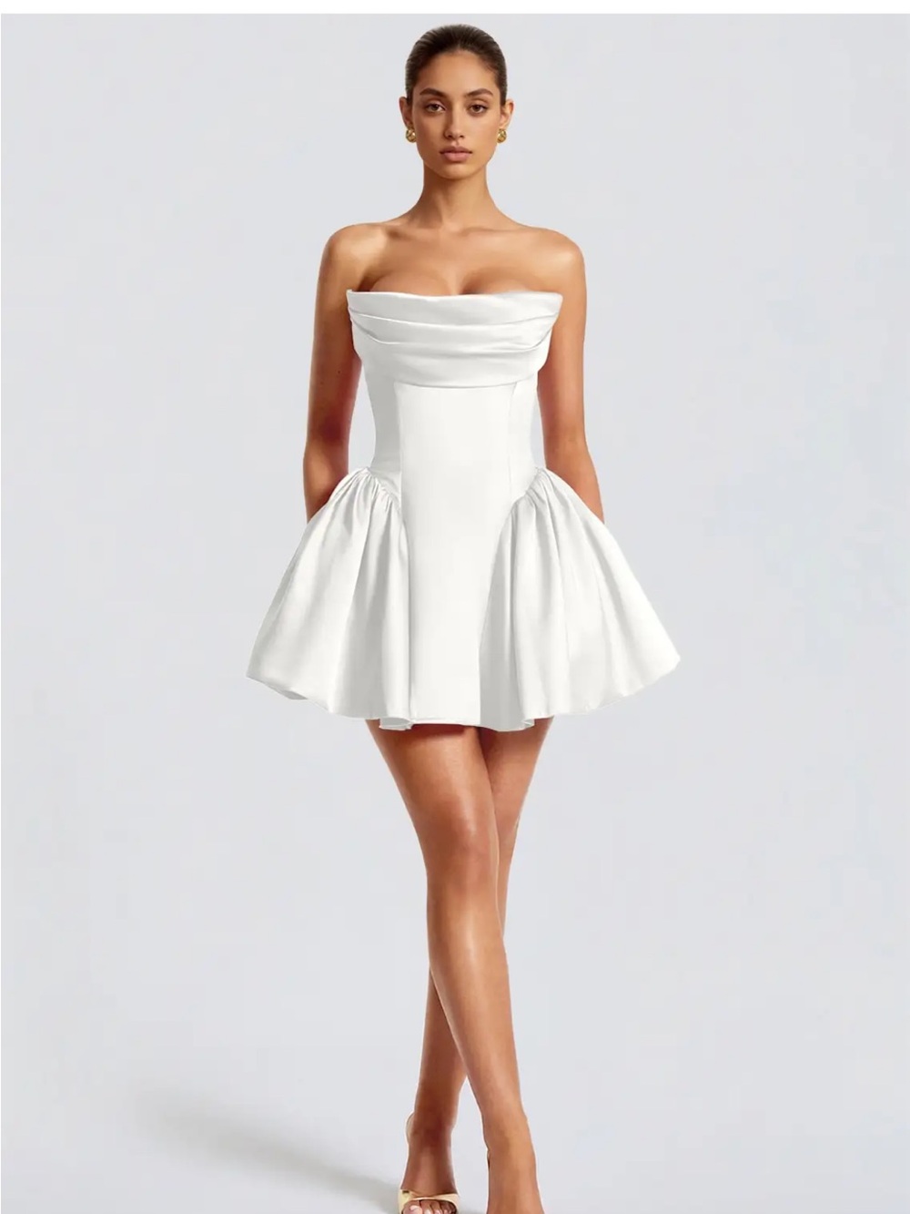 Azazie Hebe White Strapless Mini Dress with sculpted cowl neckline, corset back
